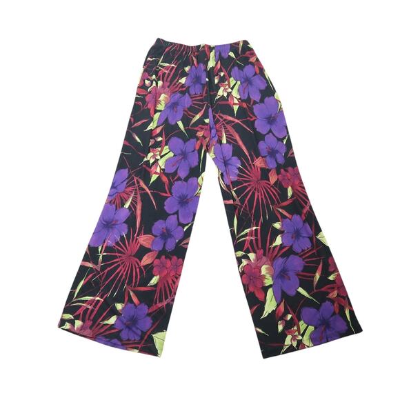 Vintage 90s TravelSmith Black and Purple Hibiscus Floral Slinky Wide Leg Pants M - Picture 3 of 5